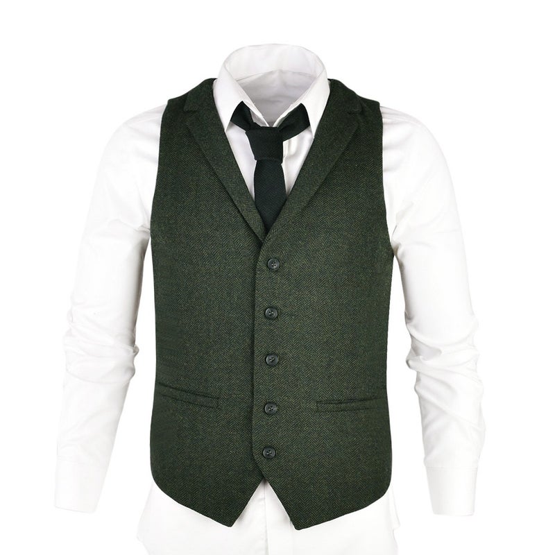 VOBOOM Mens Herringbone Tailored Collar Waistcoat Fullback Wool Tweed Suit Vest (Army Green, Small) - Image 3